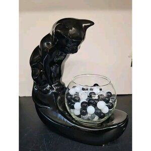 Vintage Haeger Black Ceramic Cat With Glass Fish Bowl With Marbles